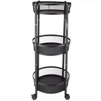 Organize It All 3 Tier Round Foldable Metal Storage Cart with Wheels Black