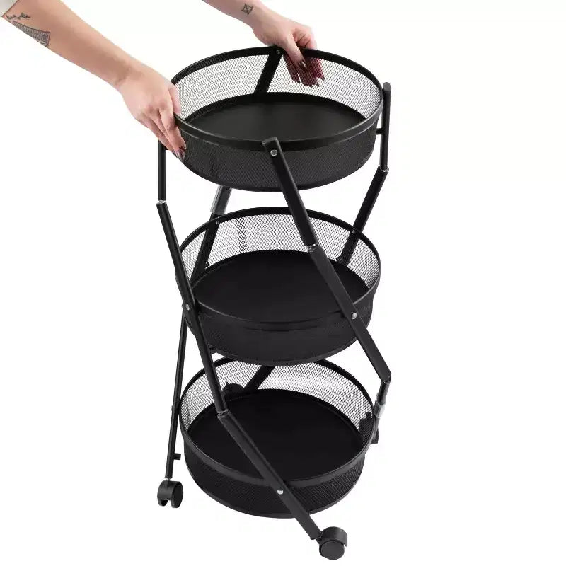 Carrito de almacenamiento rodante de malla de 3 niveles redondo negro