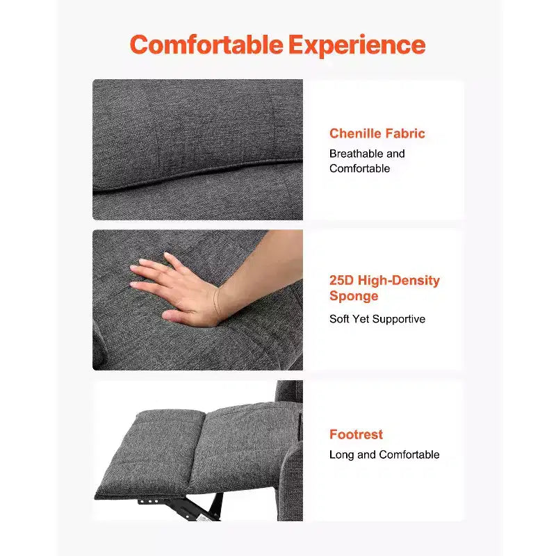 Sillón reclinable eléctrico gris oscuro con masaje y calor, 1 persona