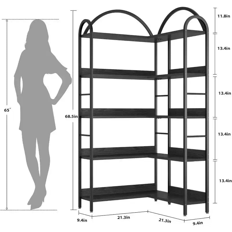 Estantería esquinera en forma de L de 5 niveles en blanco y negro para 1