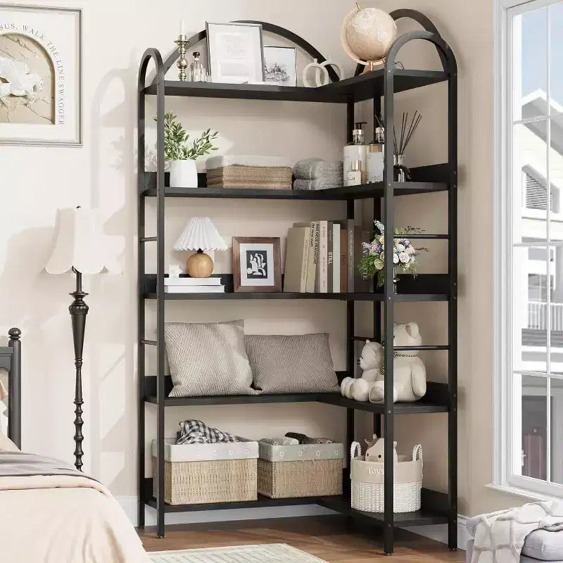 Arched Corner Bookshelf, L-Shaped Storage Bookshelf, Industrial Large Display Shelf with Metal Frame, Living Room, Bedroom, Home Office