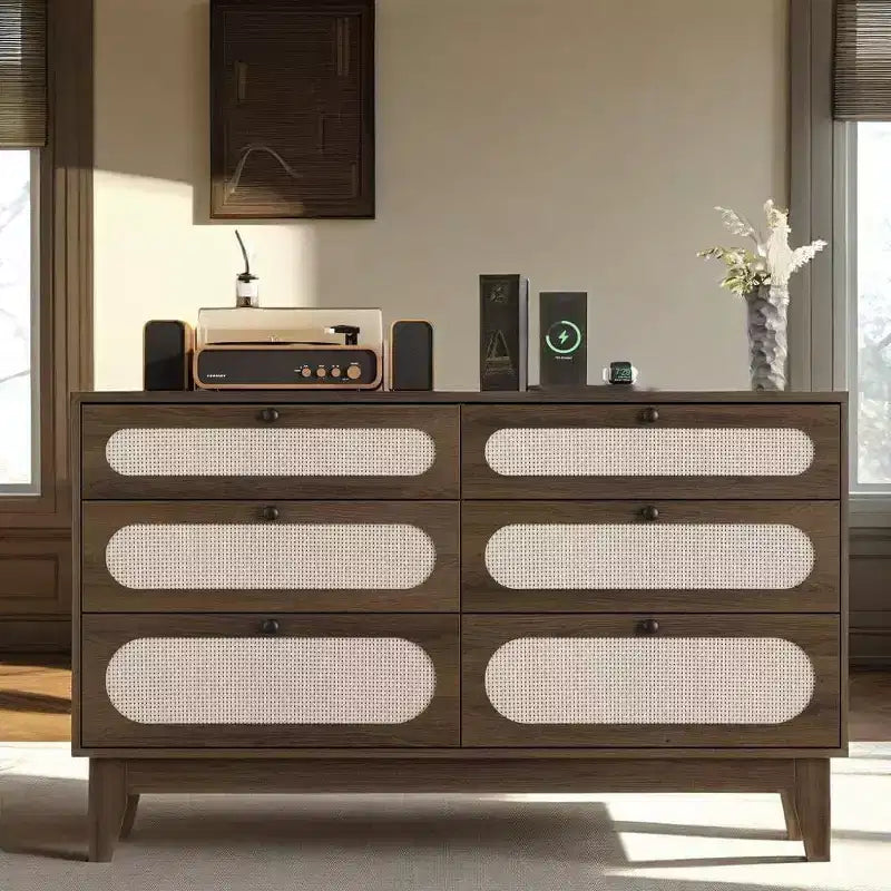 Rattan Dresser with 6 Drawers, Wooden Drawer Storage Cabinet with Charging Stand, TV Stand, Bedroom, Living Room, Entryway, Hallway