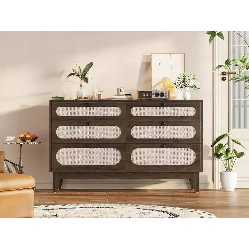 Cómoda de 6 cajones de ratán natural, estructura de madera, para adultos