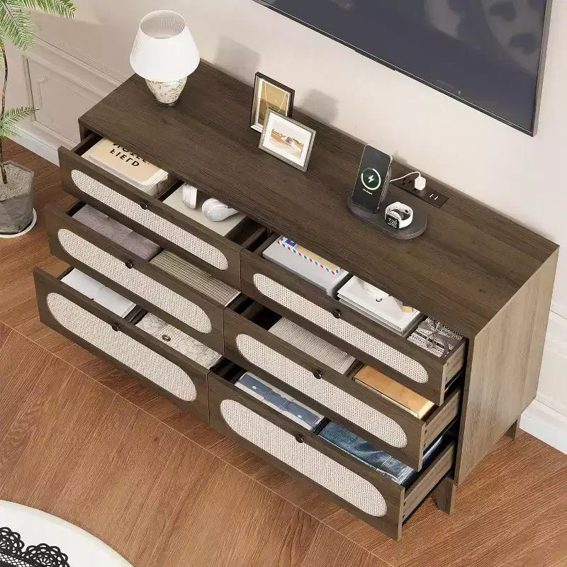 Cómoda de 6 cajones de ratán natural, estructura de madera, para adultos