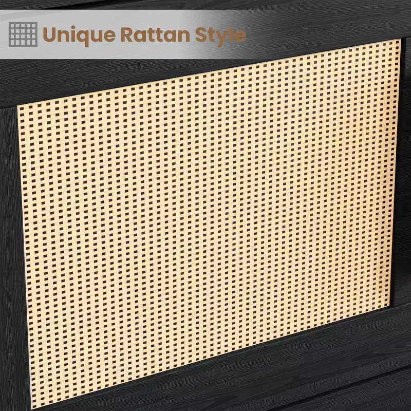Estantería Boho de 5 Niveles Beige/Negra con Puertas de Ratán – Salón y Dormitorio