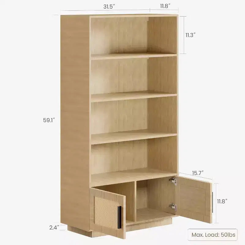 Estantería Boho de 5 Niveles Beige/Negra con Puertas de Ratán – Salón y Dormitorio