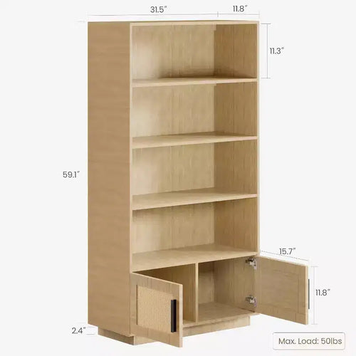 Estantería Boho de 5 Niveles Beige/Negra con Puertas de Ratán – Salón y Dormitorio