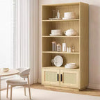 Estantería Boho de 5 Niveles Beige/Negra con Puertas de Ratán – Salón y Dormitorio