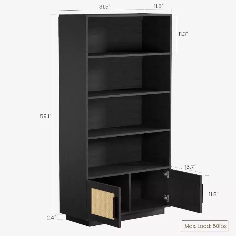 Estantería Boho de 5 Niveles Beige/Negra con Puertas de Ratán – Salón y Dormitorio