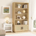 5 Tier Boho Wooden Bookcase with Rattan Doors, Open Rattan Bookcase, Natural Woven Rattan Storage Shelf, for Living Room, bedroom