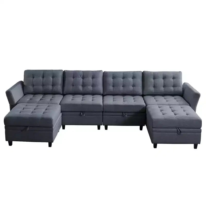Sofá modular beige y gris oscuro, en forma de L/U, con capacidad para 4-6 personas