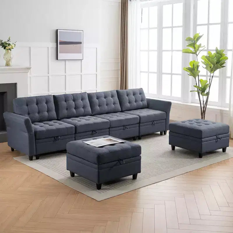 Sofá modular beige y gris oscuro, en forma de L/U, con capacidad para 4-6 personas