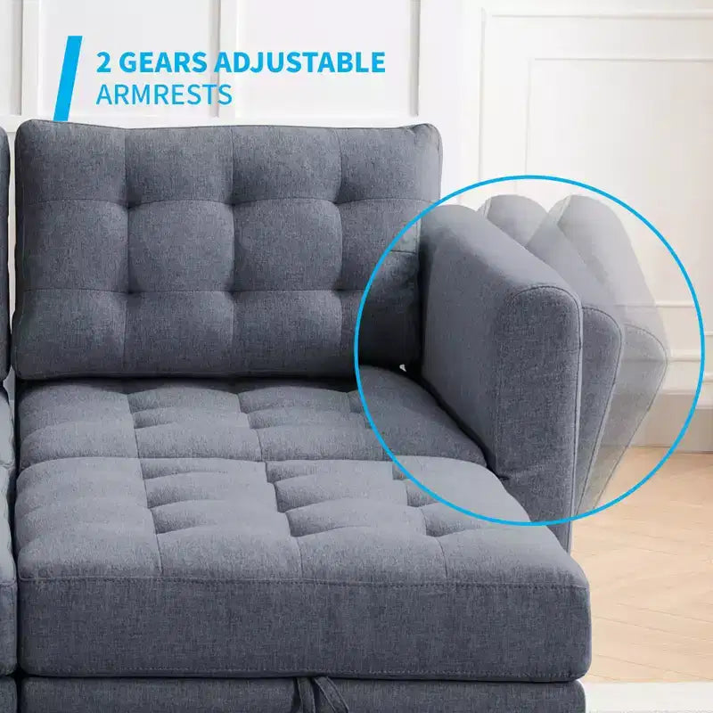 Sofá modular beige y gris oscuro, en forma de L/U, con capacidad para 4-6 personas