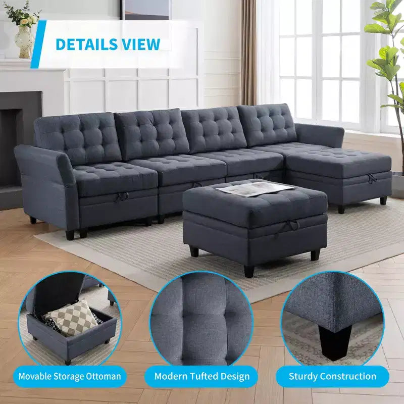 Sofá modular beige y gris oscuro, en forma de L/U, con capacidad para 4-6 personas