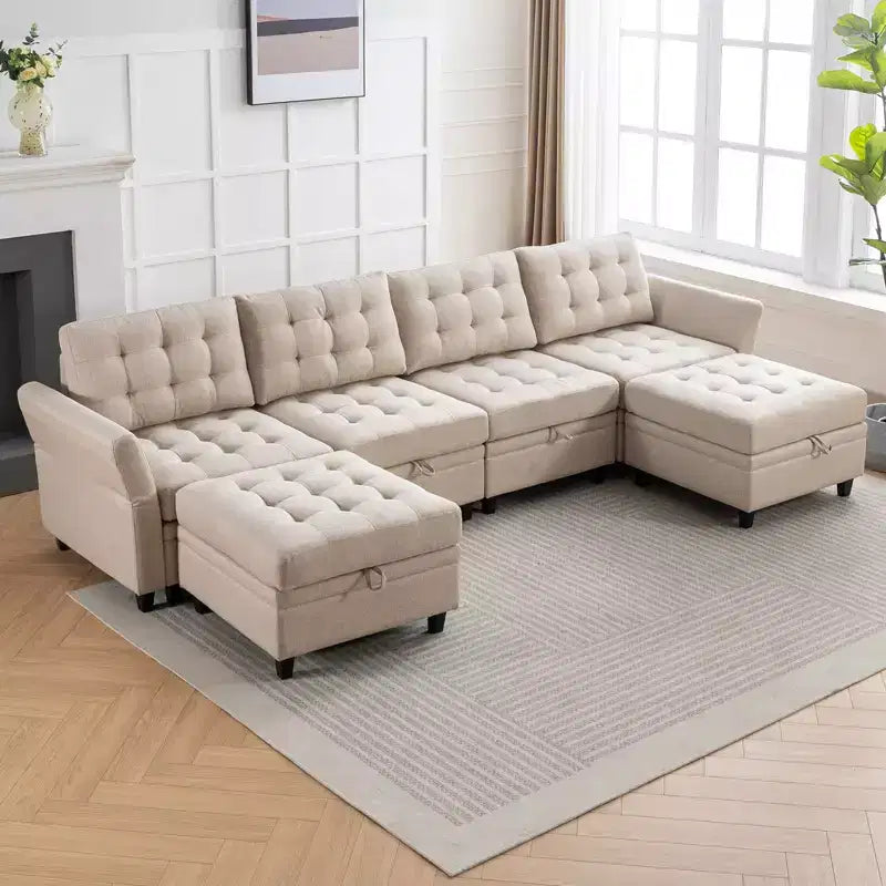 Sofá modular beige y gris oscuro, en forma de L/U, con capacidad para 4-6 personas