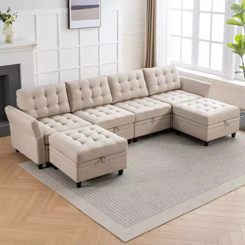 Sofá modular beige y gris oscuro, en forma de L/U, con capacidad para 4-6 personas