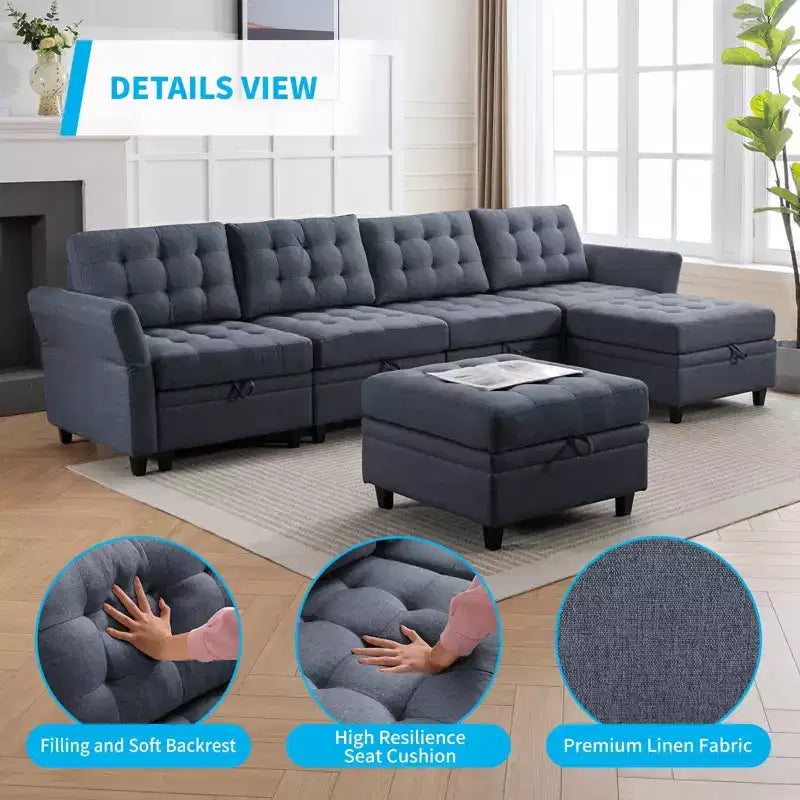 Sofá modular beige y gris oscuro, en forma de L/U, con capacidad para 4-6 personas