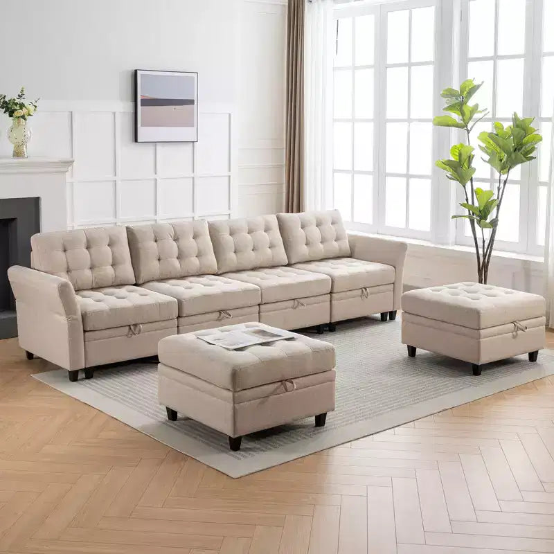 Sofá modular beige y gris oscuro, en forma de L/U, con capacidad para 4-6 personas