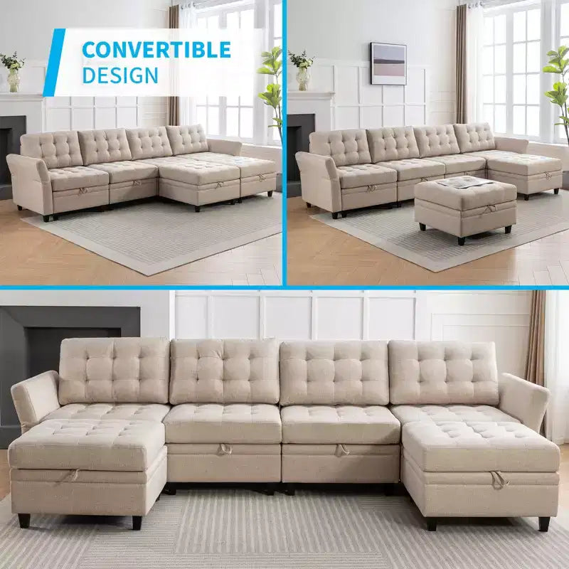 Sofá modular beige y gris oscuro, en forma de L/U, con capacidad para 4-6 personas