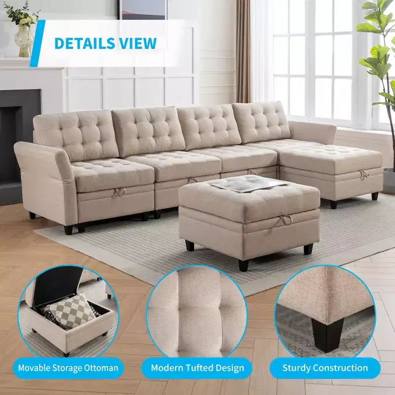 Sofá modular beige y gris oscuro, en forma de L/U, con capacidad para 4-6 personas