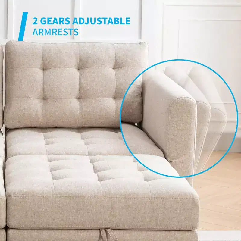 Sofá modular beige y gris oscuro, en forma de L/U, con capacidad para 4-6 personas