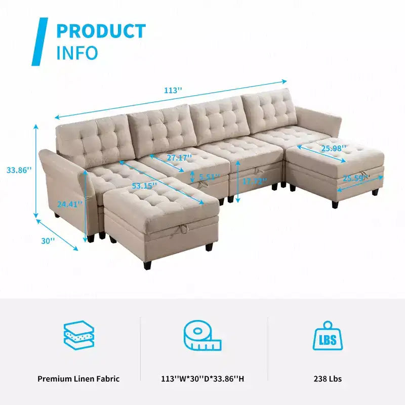 Sofá modular beige y gris oscuro, en forma de L/U, con capacidad para 4-6 personas