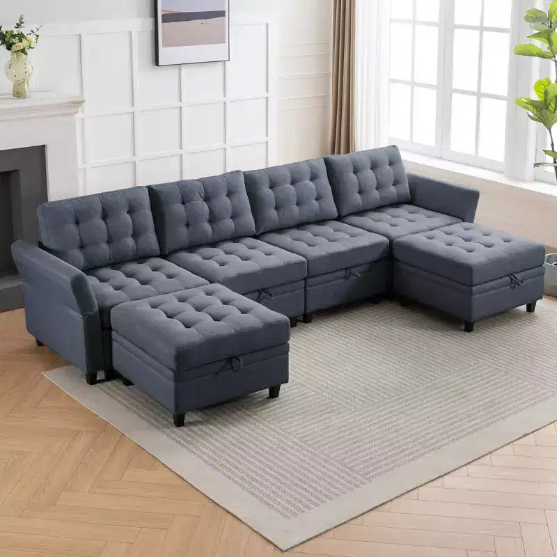 Sofá modular beige y gris oscuro, en forma de L/U, con capacidad para 4-6 personas