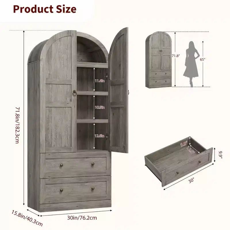 Mueble de despensa rústico blanco roto/madera de peral/gris retro, 2 puertas, 2 cajones, 4 estantes