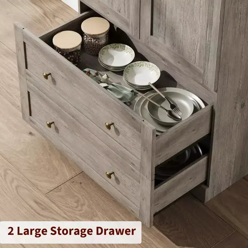 Mueble de despensa rústico blanco roto/madera de peral/gris retro, 2 puertas, 2 cajones, 4 estantes