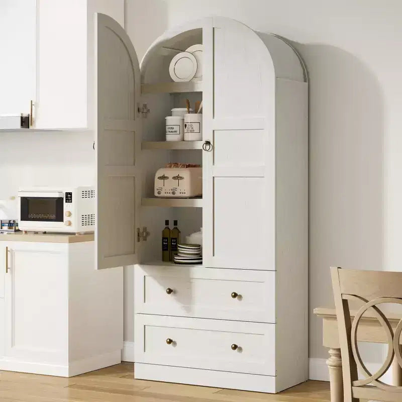 Garvee Farmhouse Arched Kitchen Pantry Cabinet, Tall Wood Kitchens Storage Cabinets with 2 Large Drawers, Easy Assembly