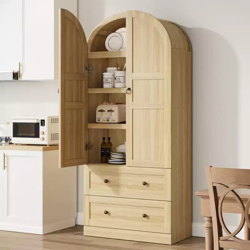 Mueble de despensa rústico blanco roto/madera de peral/gris retro, 2 puertas, 2 cajones, 4 estantes