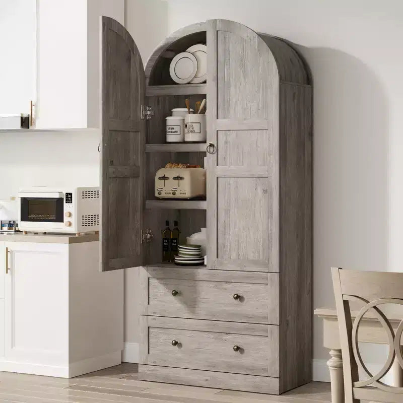 Mueble de despensa rústico blanco roto/madera de peral/gris retro, 2 puertas, 2 cajones, 4 estantes