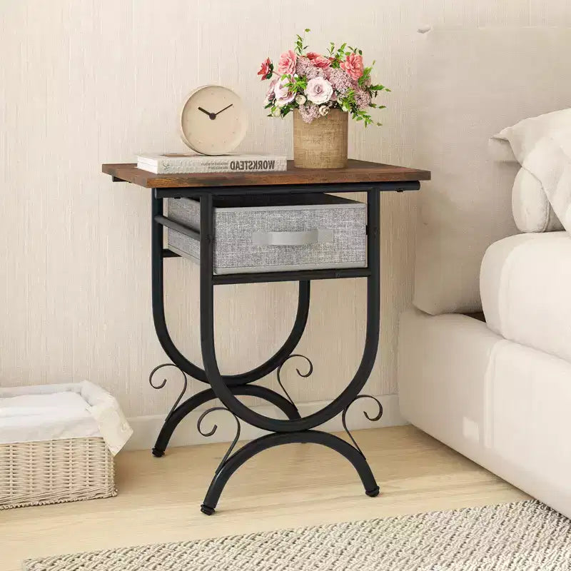 Mesa auxiliar industrial negra y gris con cajón de tela – Juego para 1 o 2 personas
