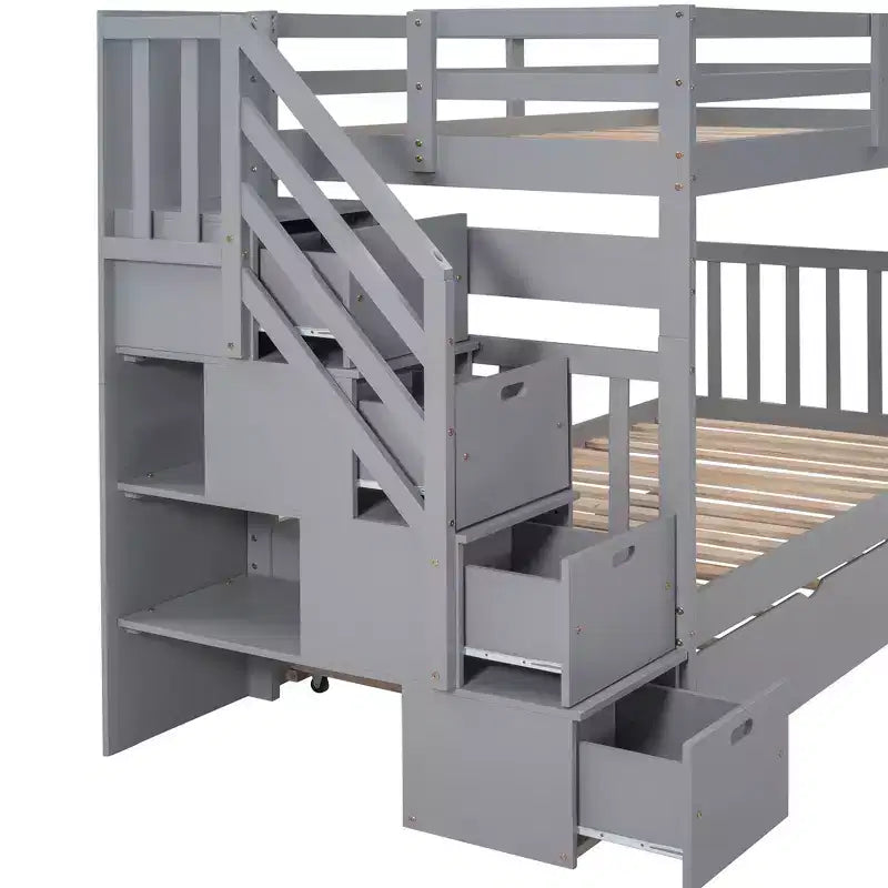 Litera con escalera, doble sobre doble/completa, con cama nido, para hasta 3 personas, color gris/blanco