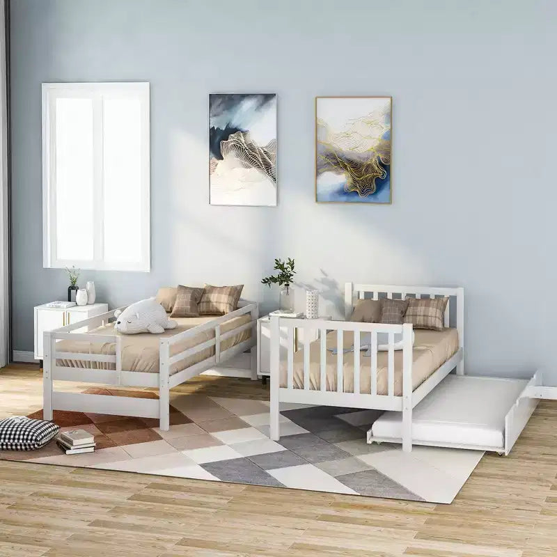 Litera con escalera, doble sobre doble/completa, con cama nido, para hasta 3 personas, color gris/blanco