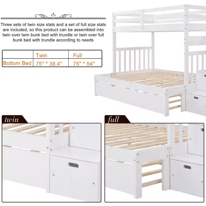 Litera con escalera, doble sobre doble/completa, con cama nido, para hasta 3 personas, color gris/blanco