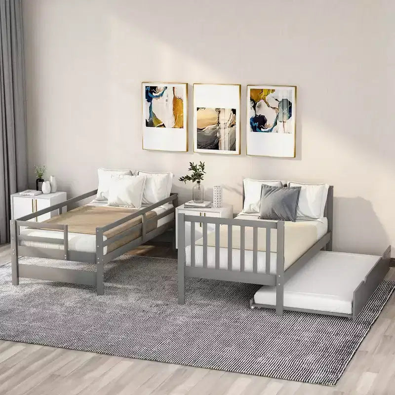 Litera con escalera, doble sobre doble/completa, con cama nido, para hasta 3 personas, color gris/blanco