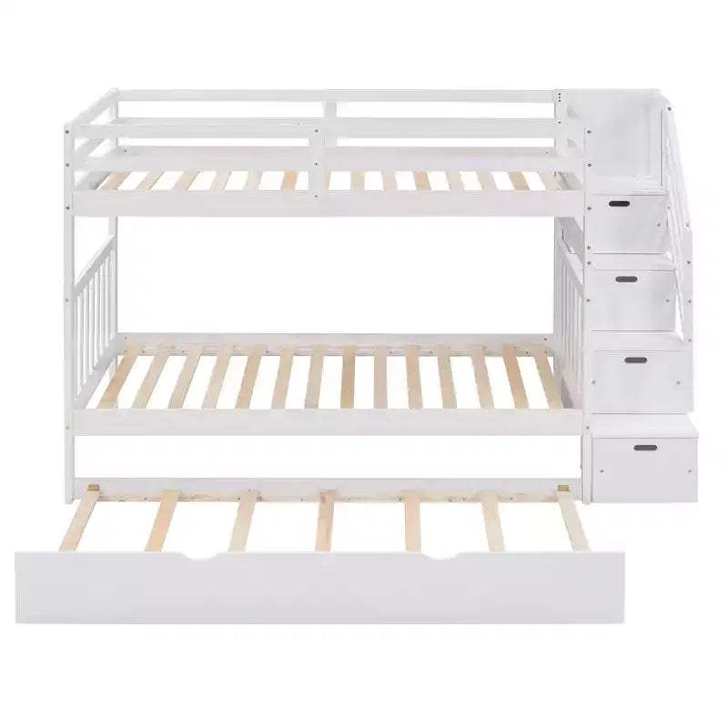Litera con escalera, doble sobre doble/completa, con cama nido, para hasta 3 personas, color gris/blanco