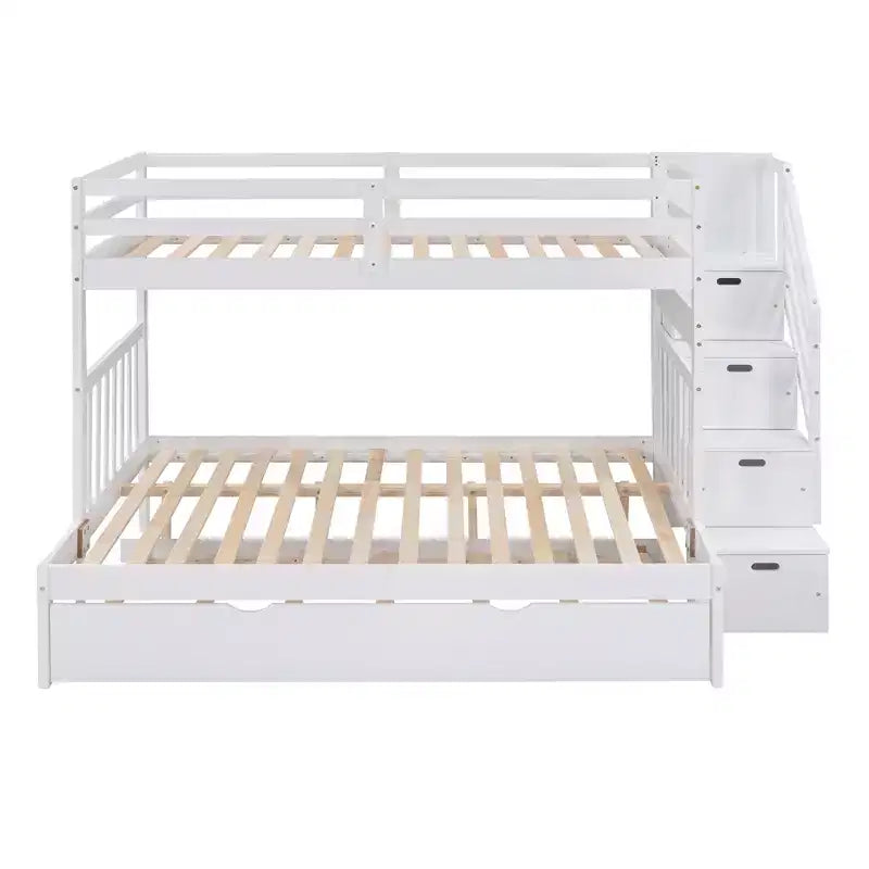 Litera con escalera, doble sobre doble/completa, con cama nido, para hasta 3 personas, color gris/blanco
