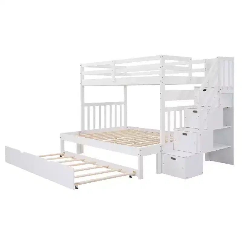 Litera con escalera, doble sobre doble/completa, con cama nido, para hasta 3 personas, color gris/blanco