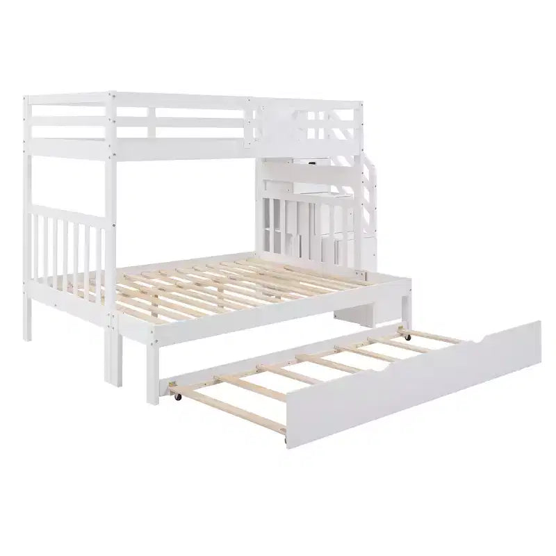 Litera con escalera, doble sobre doble/completa, con cama nido, para hasta 3 personas, color gris/blanco