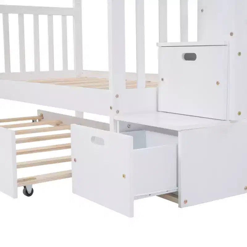 Litera con escalera, doble sobre doble/completa, con cama nido, para hasta 3 personas, color gris/blanco