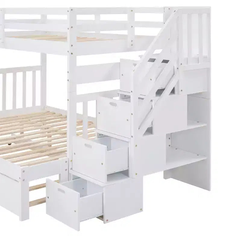 Litera con escalera, doble sobre doble/completa, con cama nido, para hasta 3 personas, color gris/blanco