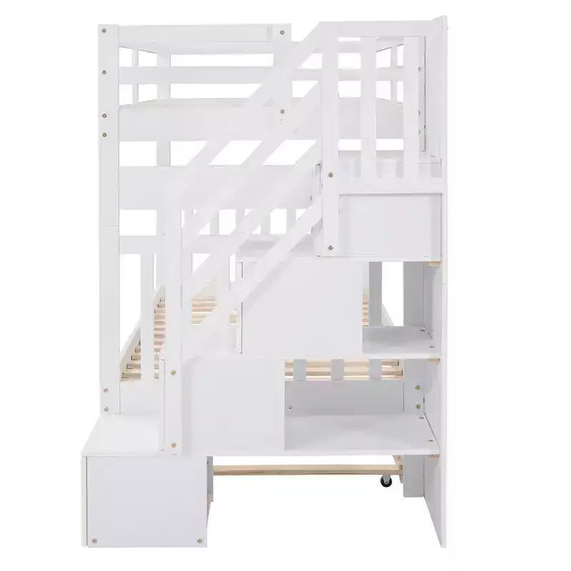 Litera con escalera, doble sobre doble/completa, con cama nido, para hasta 3 personas, color gris/blanco