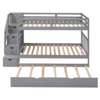 Litera con escalera, doble sobre doble/completa, con cama nido, para hasta 3 personas, color gris/blanco