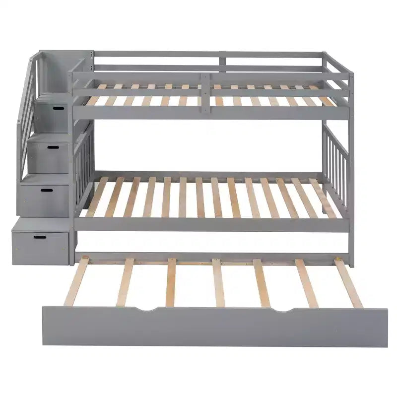 Litera con escalera, doble sobre doble/completa, con cama nido, para hasta 3 personas, color gris/blanco