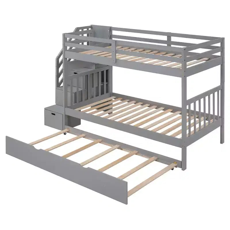 Litera con escalera, doble sobre doble/completa, con cama nido, para hasta 3 personas, color gris/blanco