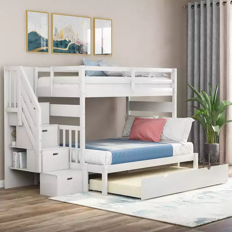 Litera con escalera, doble sobre doble/completa, con cama nido, para hasta 3 personas, color gris/blanco