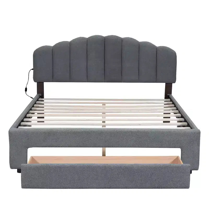 Cama Queen tapizada en beige/gris/blanco con plataforma y cajón de almacenamiento, para 2 personas
