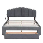 Cama Queen tapizada en beige/gris/blanco con plataforma y cajón de almacenamiento, para 2 personas